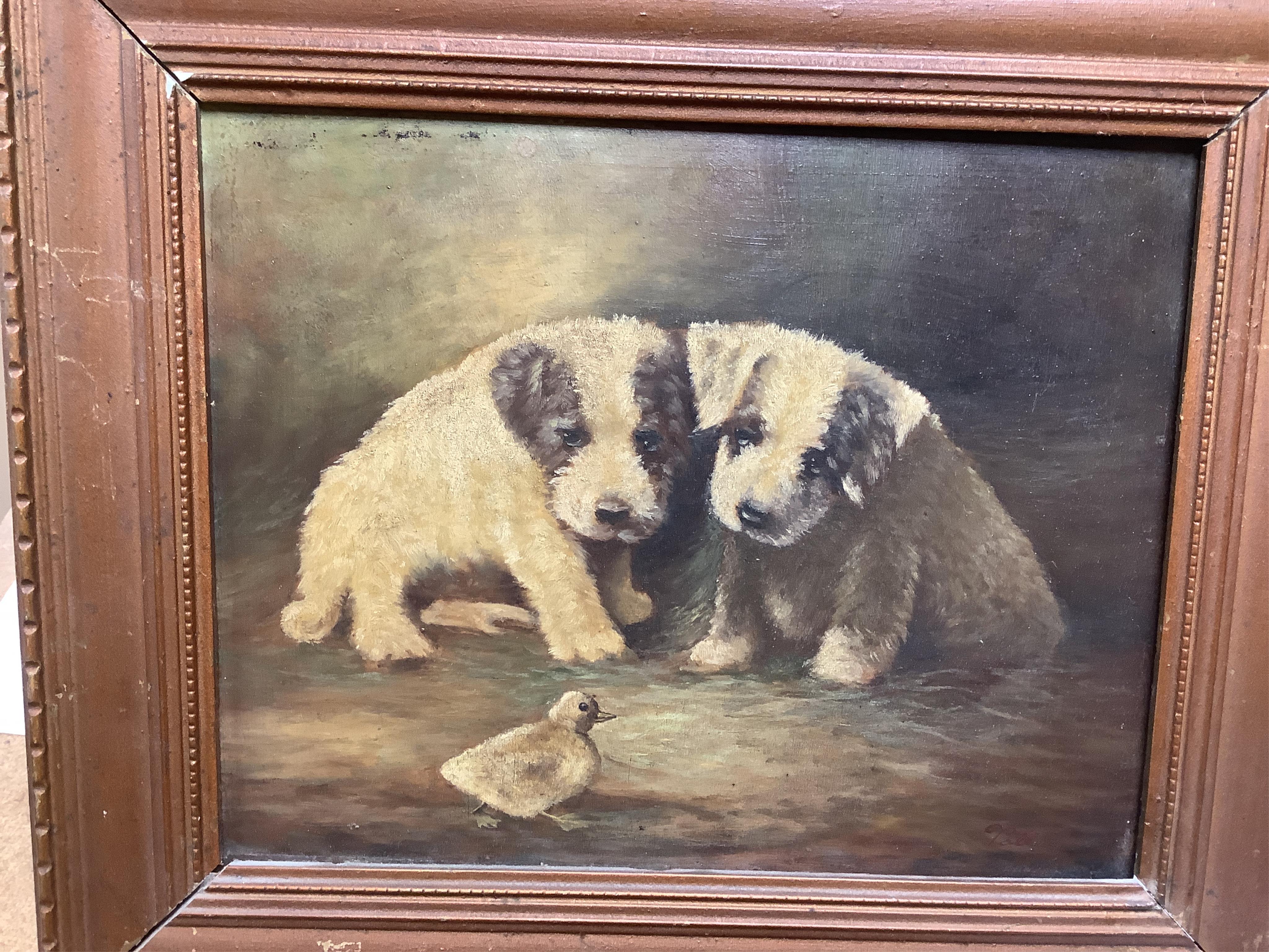 Early 20th century English School, Study of a terrier, unsigned, together with a later study of a chick before two dogs, signed Volle, largest 19 x 24cm. Condition - fair